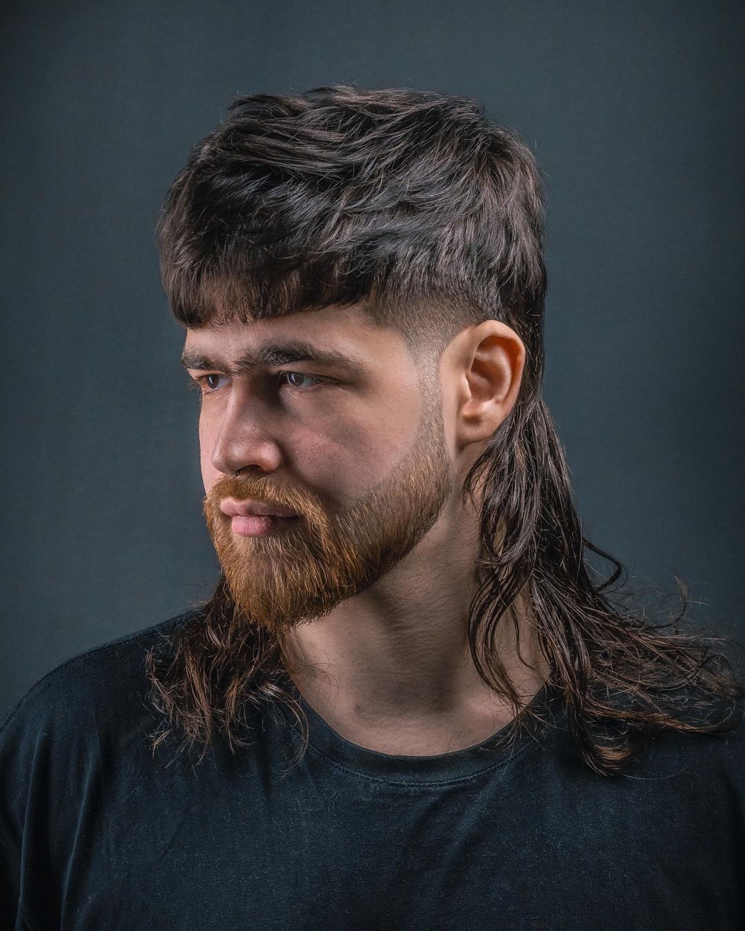 Long mullet for men with bangs
